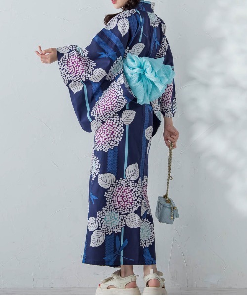 【浴衣2点セット】(ゆかた・しわ兵児帯)あじさい夜雨≪手洗い可能≫