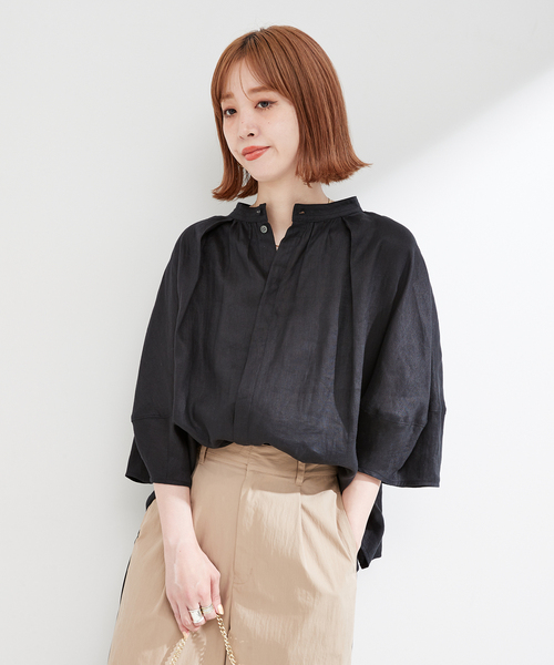 「B.C STOCK」 7分袖ブラウス FREE ブラック レディース B.C STOCK シャツ ブラウス フレンチリネン2wayブラウス