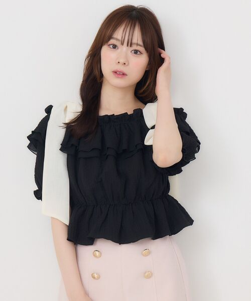 ems excite（エムズエキサイト）の「肩リボンフリルBL（シャツ/ブラウス・レディース・ブラック/グリーン/ホワイト系その他・FREE）」の18枚目の写真