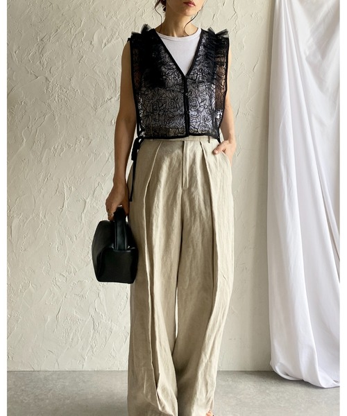 bibiy チュール　ビスチェ　ベスト　トップス セール】2WAYショート丈深Vネック花柄刺繍レースシアーフリル