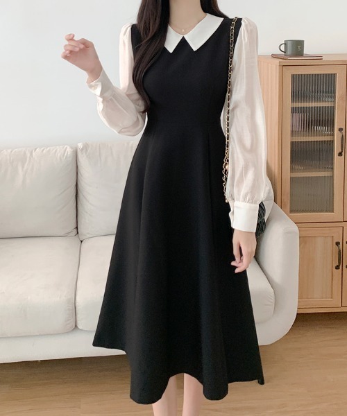 ECLIN（エクラン）の「配色襟付き異素材ボリュームスリーブAラインワンピース（ワンピース・レディース・ベージュ/ブラック・M/L/XL）」の3枚目の写真