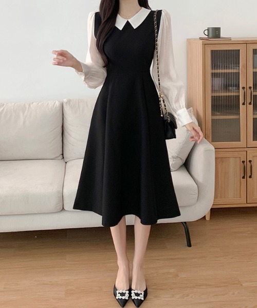 ECLIN（エクラン）の「配色襟付き異素材ボリュームスリーブAラインワンピース（ワンピース・レディース・ベージュ/ブラック・M/L/XL）」の11枚目の写真