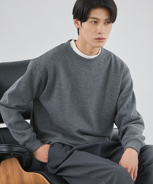 ヘリンボーンダブルフェイスクルーネック長袖スウェット（スウェット