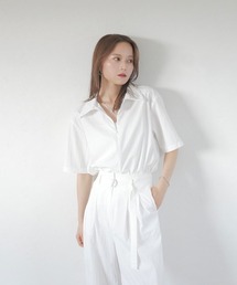 ハーフスリーブフロントジップシャツ【setup対応】/half sleeve front zip shirt 半袖 襟付き シンプル 大人カジュアル ベーシック オフィスカジュアル 白 アイボリー ネイビー