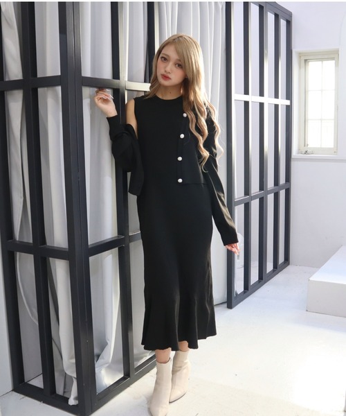 CECIL McBEE(セシルマクビー)の「スポンジニットカーディガンxワンピSET(ワンピース・レディース・ブラック/モカ/パープル・MEDIUM)」の2枚目の写真
