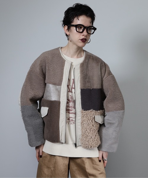 ROSE BUD（ローズバッド）の「パッチワークファージャケット（その他アウター・レディース・カーキ/ベージュ・FREE）」の5枚目の写真