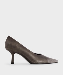 台湾 CHARLES&KEITH クロコダイル柄ポインテッドハイヒール ポインテッドトゥ キトゥンヒールパンプス - ブラックパテント
