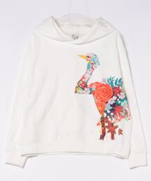 743010:花アートフラミンゴ柄 フーデッドプルオーバー
