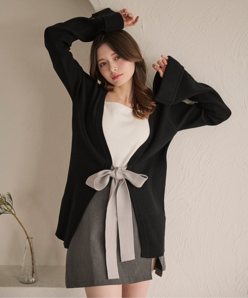 ポールカ　ワンピース　カーディガン　ニット切替　黒　リブニット　ターンロック フラワービジュー付きショート丈リブニットカーディガン