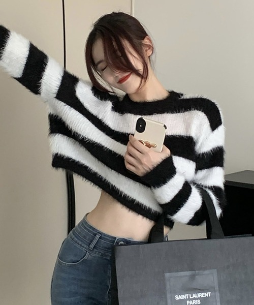 セール】ショート丈 ボーダー ニットトップス クロップド丈（ニット