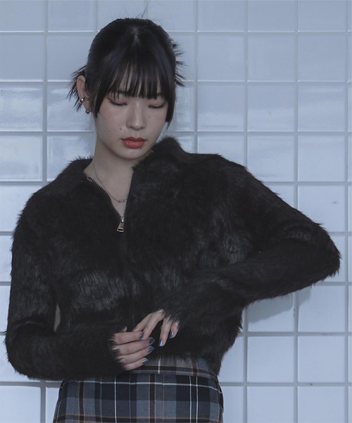 セール】ダブルファスナービッグカラーシャギーニット（ニット