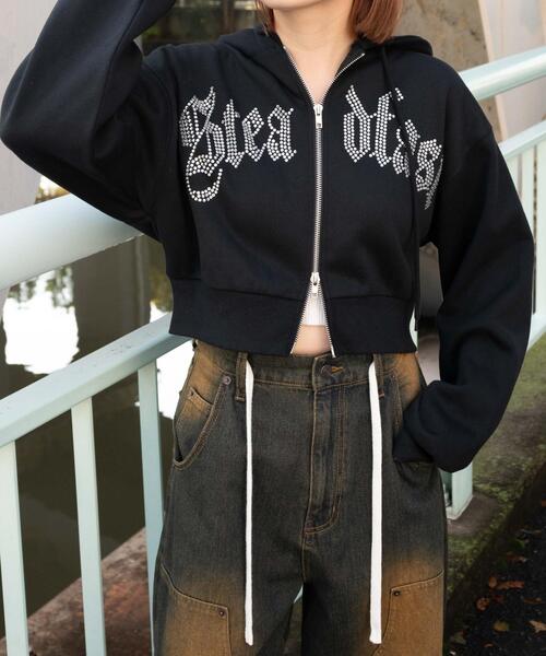 WEGO（ウィゴー）の「WEGO/ラインストーン裏起毛ショートジップパーカー（パーカー・レディース・ブラウン/ブラック/その他1・FREE）」の9枚目の写真