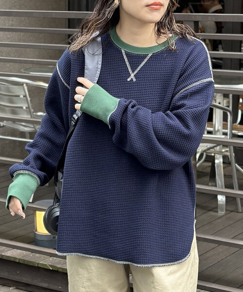 CPCM（シーピーシーエム）の「リブ配色ステッチワッフルプルオーバー（Tシャツ/カットソー・レディース・アイボリー/オレンジ/ネイビー/ブラウン/チャコールグレー/ブルー系その他/ブラウン系その他・MEDIUM/LARGE）」の5枚目の写真