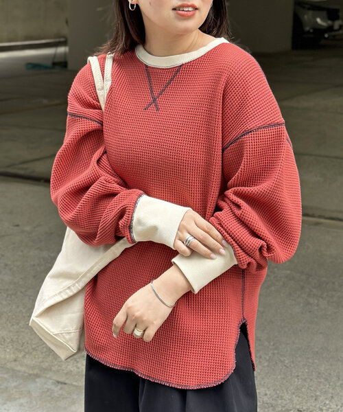 CPCM（シーピーシーエム）の「リブ配色ステッチワッフルプルオーバー（Tシャツ/カットソー・レディース・アイボリー/オレンジ/ネイビー/ブラウン/チャコールグレー/ブルー系その他/ブラウン系その他・MEDIUM/LARGE）」の7枚目の写真