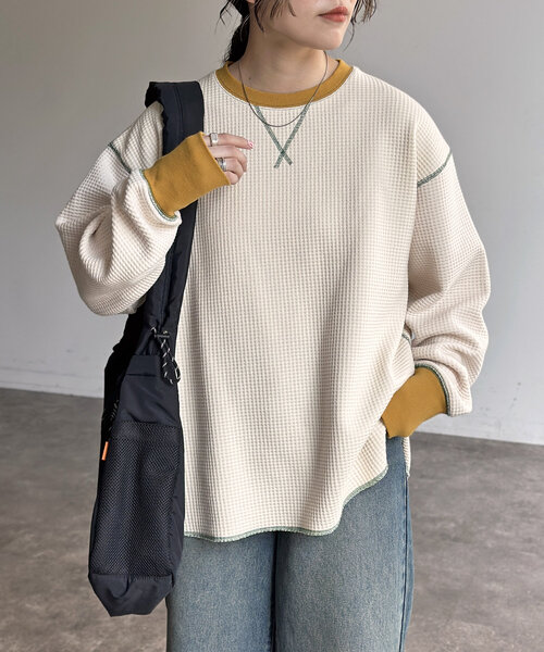 tシャツ リブ配色ステッチワッフルプルオーバー レディース メンズ CPCM tシャツ リブ配色ステッチワッフルプルオーバー レディース