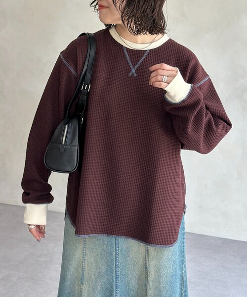 CPCM（シーピーシーエム）の「リブ配色ステッチワッフルプルオーバー（Tシャツ/カットソー・レディース・アイボリー/オレンジ/ネイビー/ブラウン/チャコールグレー/ブルー系その他/ブラウン系その他・MEDIUM/LARGE）」の16枚目の写真