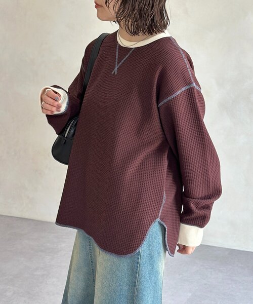 CPCM（シーピーシーエム）の「リブ配色ステッチワッフルプルオーバー（Tシャツ/カットソー・レディース・アイボリー/オレンジ/ネイビー/ブラウン/チャコールグレー/ブルー系その他/ブラウン系その他・MEDIUM/LARGE）」の17枚目の写真