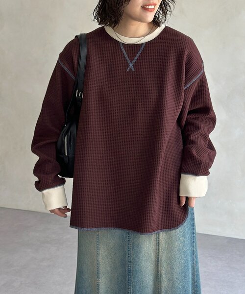 CPCM（シーピーシーエム）の「リブ配色ステッチワッフルプルオーバー（Tシャツ/カットソー・レディース・アイボリー/オレンジ/ネイビー/ブラウン/チャコールグレー/ブルー系その他/ブラウン系その他・MEDIUM/LARGE）」の22枚目の写真