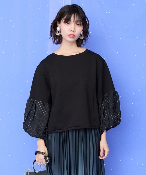 tシャツ 「JETSET SOLO PLUS」シャイニーストーンボリュームスリーブカットソー レディース JETSET SOLO PLUS】シャイニーストーンボリュームスリーブ