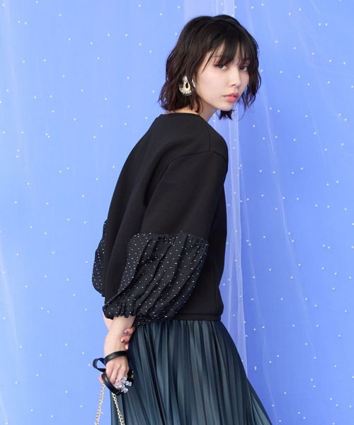 tシャツ 「JETSET SOLO PLUS」シャイニーストーンボリュームスリーブカットソー レディース JETSET SOLO PLUS】シャイニーストーンボリュームスリーブ