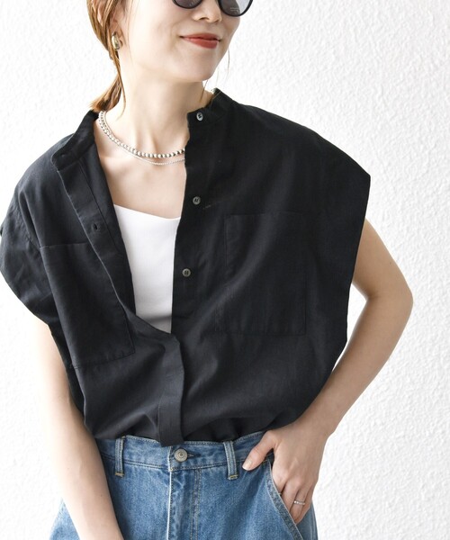 美品　SHIPS別注　STILL BY HAND コットンポリ　シャツジャケット SHIPS｜SHIPS any:〈洗濯機可能〉リネンミックス スタンドカラー