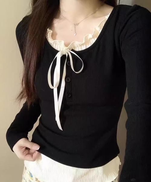 Lace Ladies(レースレディース)の「リボン付き フリル ヘンリーネック ドッキング プルオーバー(Tシャツ/カットソー・レディース・グレー/ブラック/アイボリー・XL/M)」の3枚目の写真