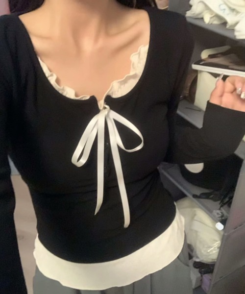 Lace Ladies(レースレディース)の「リボン付き フリル ヘンリーネック ドッキング プルオーバー(Tシャツ/カットソー・レディース・グレー/ブラック/アイボリー・XL/M)」の6枚目の写真