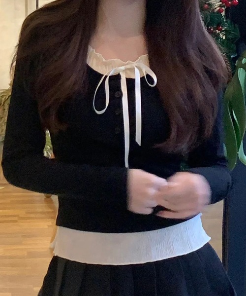 Lace Ladies(レースレディース)の「リボン付き フリル ヘンリーネック ドッキング プルオーバー(Tシャツ/カットソー・レディース・グレー/ブラック/アイボリー・XL/M)」の7枚目の写真