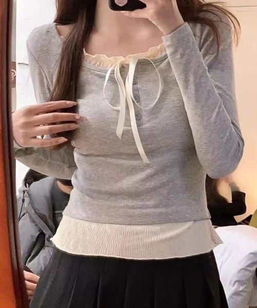 Lace Ladies(レースレディース)の「リボン付き フリル ヘンリーネック ドッキング プルオーバー(Tシャツ/カットソー・レディース・グレー/ブラック/アイボリー・XL/M)」の8枚目の写真
