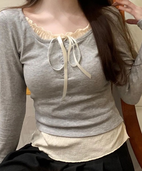 Lace Ladies(レースレディース)の「リボン付き フリル ヘンリーネック ドッキング プルオーバー(Tシャツ/カットソー・レディース・グレー/ブラック/アイボリー・XL/M)」の10枚目の写真