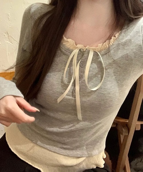 Lace Ladies(レースレディース)の「リボン付き フリル ヘンリーネック ドッキング プルオーバー(Tシャツ/カットソー・レディース・グレー/ブラック/アイボリー・XL/M)」の22枚目の写真