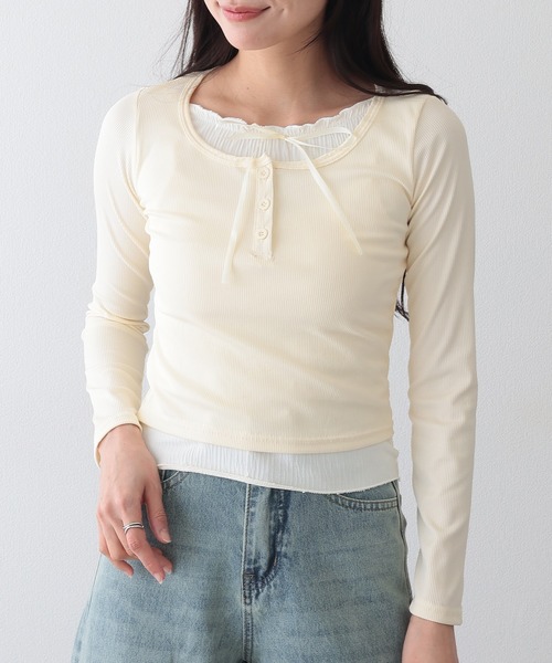 Lace Ladies(レースレディース)の「リボン付き フリル ヘンリーネック ドッキング プルオーバー(Tシャツ/カットソー・レディース・グレー/ブラック/アイボリー・XL/M)」の21枚目の写真