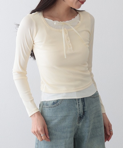 Lace Ladies(レースレディース)の「リボン付き フリル ヘンリーネック ドッキング プルオーバー(Tシャツ/カットソー・レディース・グレー/ブラック/アイボリー・XL/M)」の19枚目の写真
