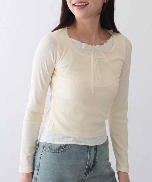 Lace Ladies(レースレディース)の「リボン付き フリル ヘンリーネック ドッキング プルオーバー(Tシャツ/カットソー・レディース・グレー/ブラック/アイボリー・XL/M)」の18枚目の写真