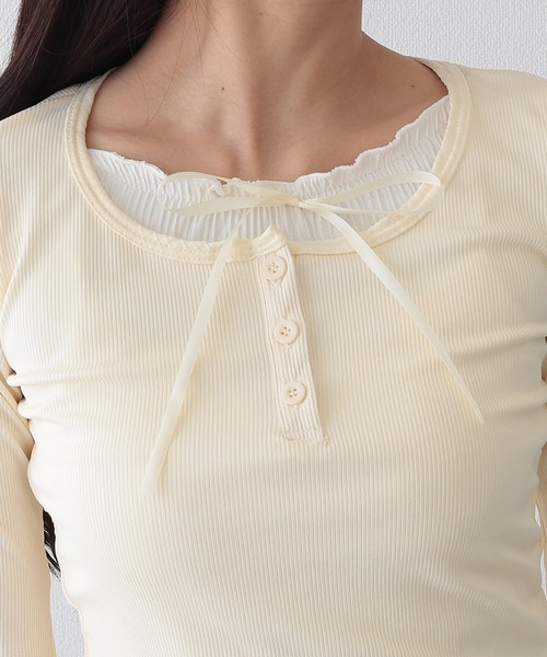 Lace Ladies(レースレディース)の「リボン付き フリル ヘンリーネック ドッキング プルオーバー(Tシャツ/カットソー・レディース・グレー/ブラック/アイボリー・XL/M)」の15枚目の写真