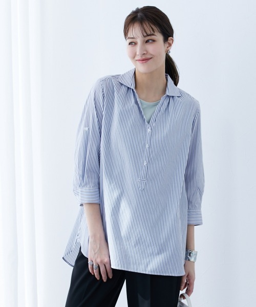 slattgir(スラットジール)の「高身長 ストライプ袖2WAYチュニックブラウス(トールサイズ)(シャツ/ブラウス・レディース・ホワイト系その他/ネイビー系1/ネイビー系・M/L/LL/3L/4L/5L)」の2枚目の写真