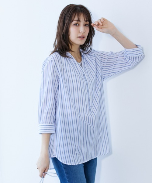 slattgir(スラットジール)の「高身長 ストライプ袖2WAYチュニックブラウス(トールサイズ)(シャツ/ブラウス・レディース・ホワイト系その他/ネイビー系1/ネイビー系・M/L/LL/3L/4L/5L)」の1枚目の写真