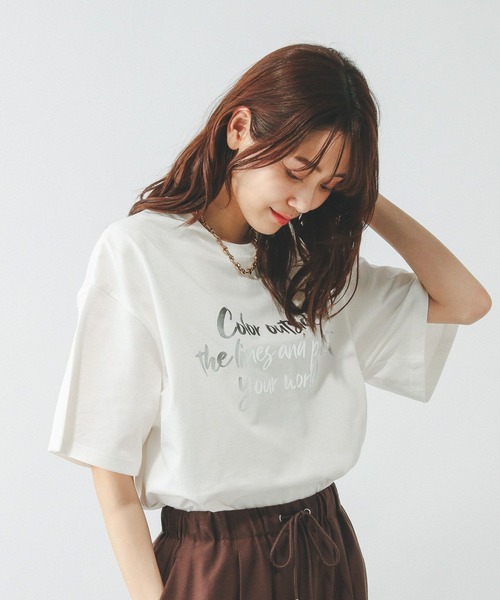 GLOBAL WORK（グローバルワーク）の「ヘビロッTEEワイドプリント半袖/289396（Tシャツ/カットソー・レディース・杢グレー/ホワイト/イエロー/ホワイト系その他6/ライトベージュ/スミクロ/ホワイト系その他7/ネイビー/オフホワイト/ピンク・REGULAR/LONG）」の3枚目の写真