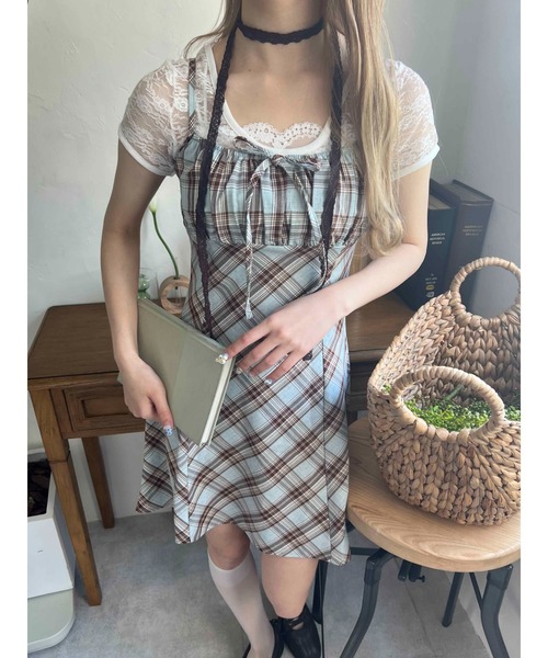 WEGO（ウィゴー）の「フロントリボンチェックキャミワンピース（ワンピース・レディース・ブラック/ブルー/レッド・FREE）」の9枚目の写真