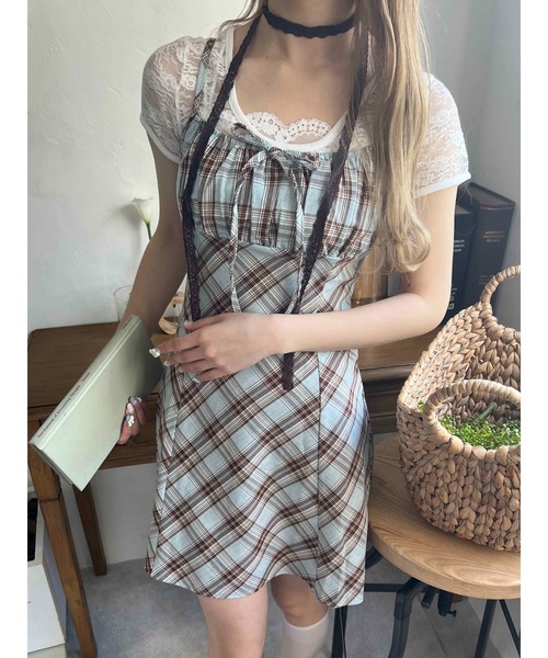 WEGO（ウィゴー）の「フロントリボンチェックキャミワンピース（ワンピース・レディース・ブラック/ブルー/レッド・FREE）」の10枚目の写真