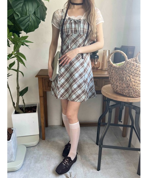 WEGO（ウィゴー）の「フロントリボンチェックキャミワンピース（ワンピース・レディース・ブラック/ブルー/レッド・FREE）」の13枚目の写真