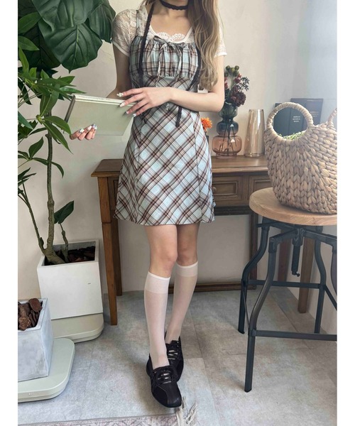 WEGO（ウィゴー）の「フロントリボンチェックキャミワンピース（ワンピース・レディース・ブラック/ブルー/レッド・FREE）」の14枚目の写真