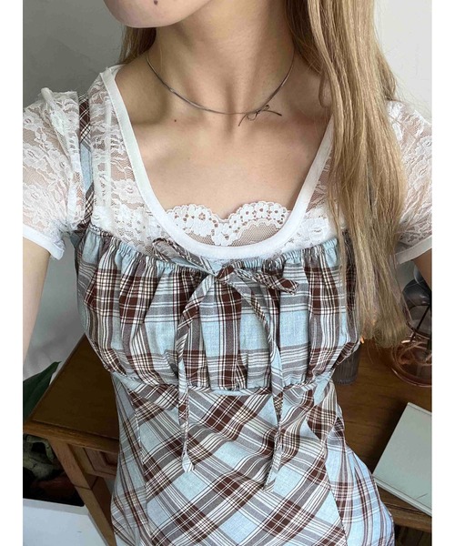 WEGO（ウィゴー）の「フロントリボンチェックキャミワンピース（ワンピース・レディース・ブラック/ブルー/レッド・FREE）」の15枚目の写真