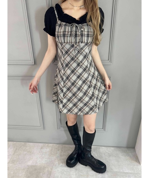 WEGO（ウィゴー）の「フロントリボンチェックキャミワンピース（ワンピース・レディース・ブラック/ブルー/レッド・FREE）」の6枚目の写真
