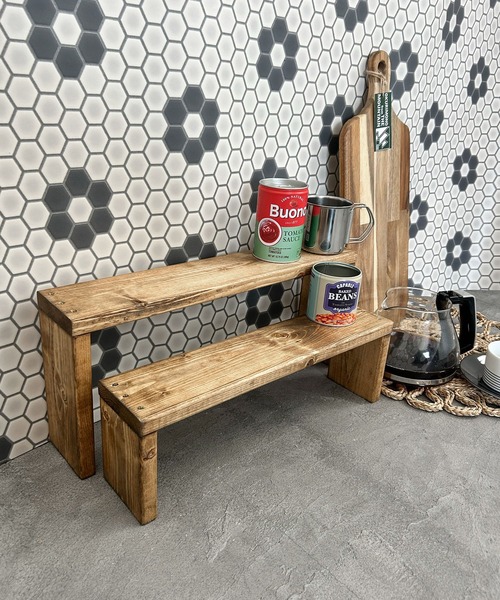 国産杉 木製2段ウッドシェルフ キッチンラック ハンドメイド <未来工房