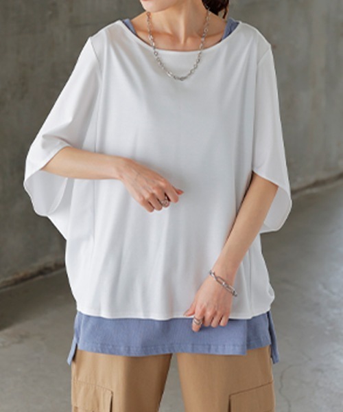 HUG.U（ハグユー）の「まるでシルク。 接触冷感Tシャツ（Tシャツ/カットソー・レディース・ホワイト/ミント/ダークグレー/スモークピンク/ブラック/アイボリー/ブラック系その他/ライトブルー/グレー系/レッド系/ホワイト系・FREE）」の3枚目の写真