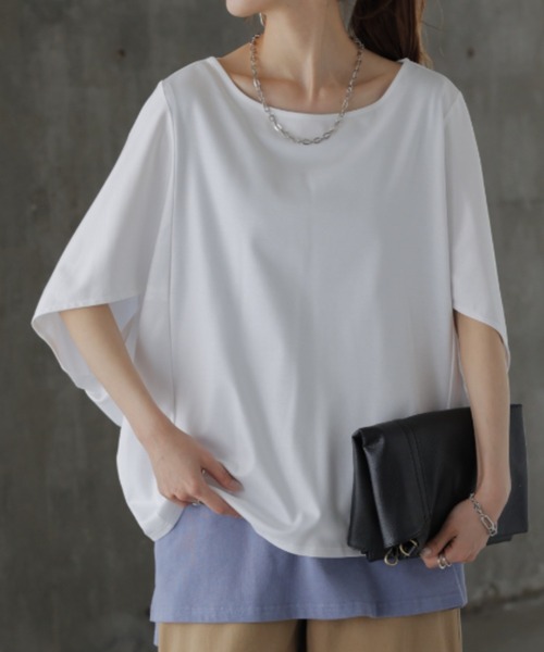 HUG.U（ハグユー）の「まるでシルク。 接触冷感Tシャツ（Tシャツ/カットソー・レディース・ホワイト/ミント/ダークグレー/スモークピンク/ブラック/アイボリー/ブラック系その他/ライトブルー/グレー系/レッド系/ホワイト系・FREE）」の2枚目の写真