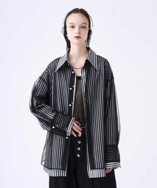 seyto セイト チュール レイヤード ストライプ シャツ L ブルー 3 seyto（セイト）の「Tulle layered striped shirt / チュール