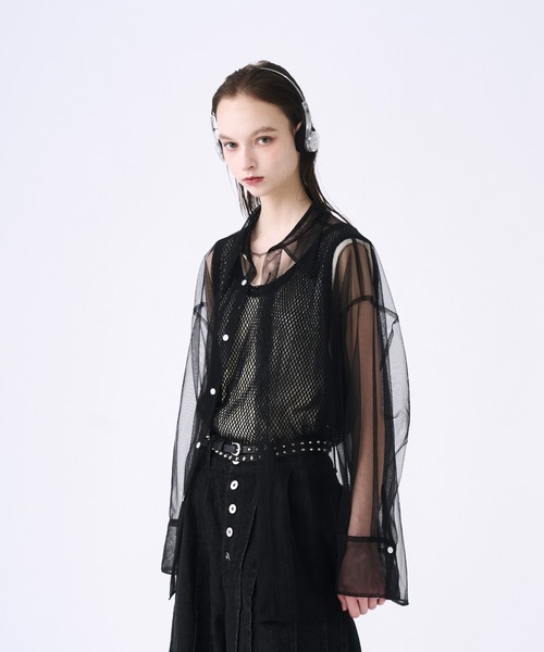 seyto セイト チュール レイヤード ストライプ シャツ L ブルー 3 seyto（セイト）の「Tulle layered striped shirt / チュール