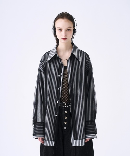 seyto サイズ1 / チュールレイヤードストライプシャツ Tulle layered striped shirt / チュールレイヤードストライプ